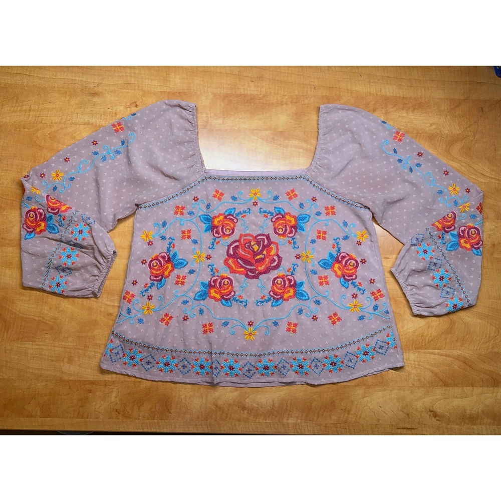 Savanna Jane Floral Embroidered Square Neck Peasant Blouse Mauve Purple Large